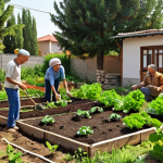 **

A vibrant, sun-drenched community garden scene in Turkey. Turkish neighbors, young and old, are working together, planting seedlings and tending to vegetable patches. Some are smiling and talking, showing a sense of community. Focus on the variety of plants, with a mix of recognizable Turkish vegetables and flowers. In the background, a simple rainwater collection system and a compost pile are visible. The overall mood should be joyful and productive, emphasizing the collaboration and shared effort.

**