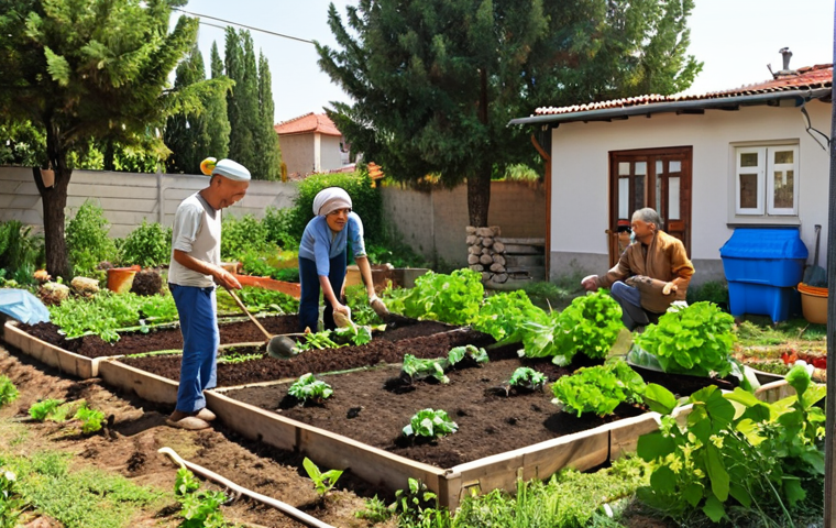 **

A vibrant, sun-drenched community garden scene in Turkey. Turkish neighbors, young and old, are working together, planting seedlings and tending to vegetable patches. Some are smiling and talking, showing a sense of community. Focus on the variety of plants, with a mix of recognizable Turkish vegetables and flowers. In the background, a simple rainwater collection system and a compost pile are visible. The overall mood should be joyful and productive, emphasizing the collaboration and shared effort.

**